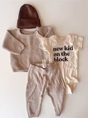 H&M Neutral Knit Set with Brown Beanie and Cream Bodysuit